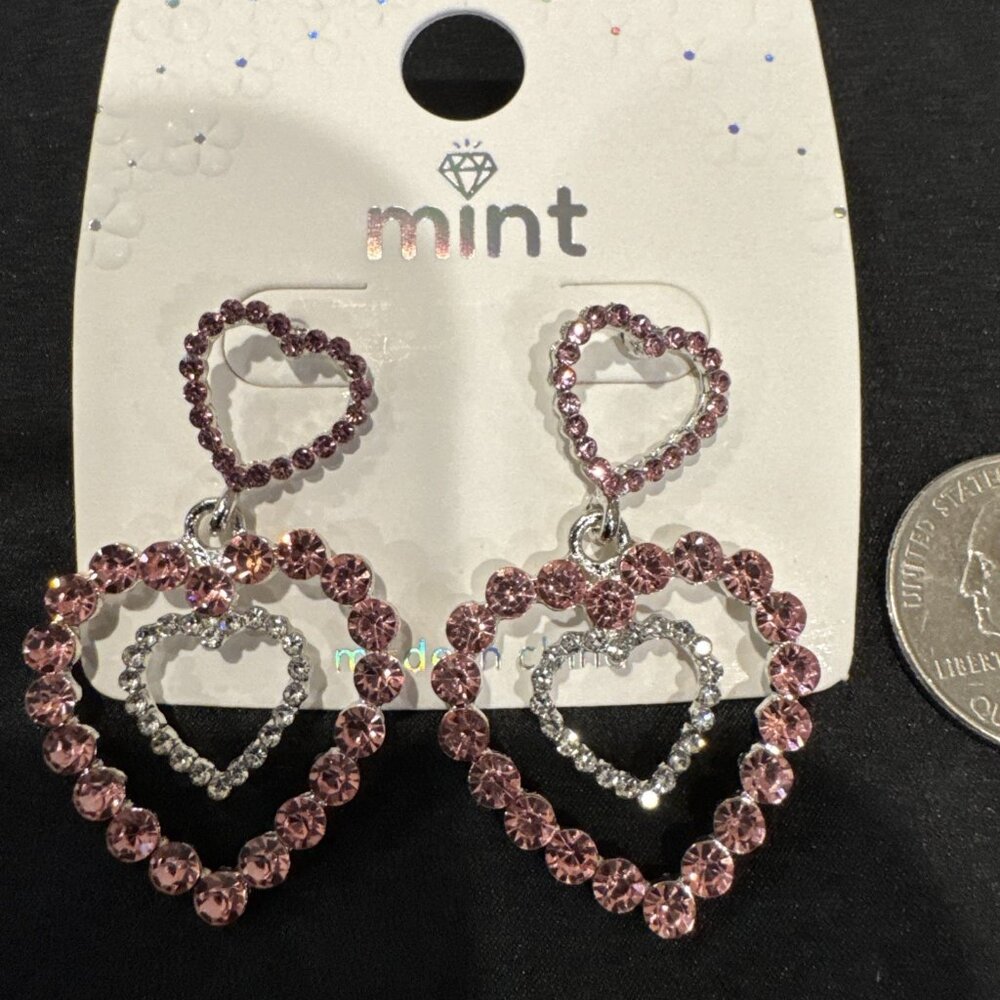 Mint Pink Silvertone Rhinestone Heart Dangle Earring NEW
